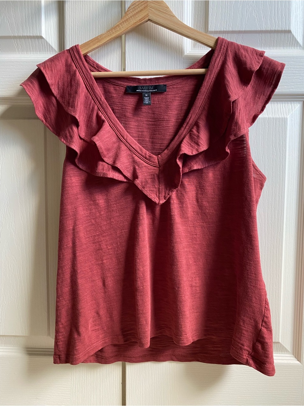 White House Black Market Ruffled V-Neck T in Rust